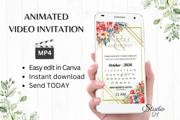 Floral Wedding Invitation W8134B: A Modern Template for Your Big Day
